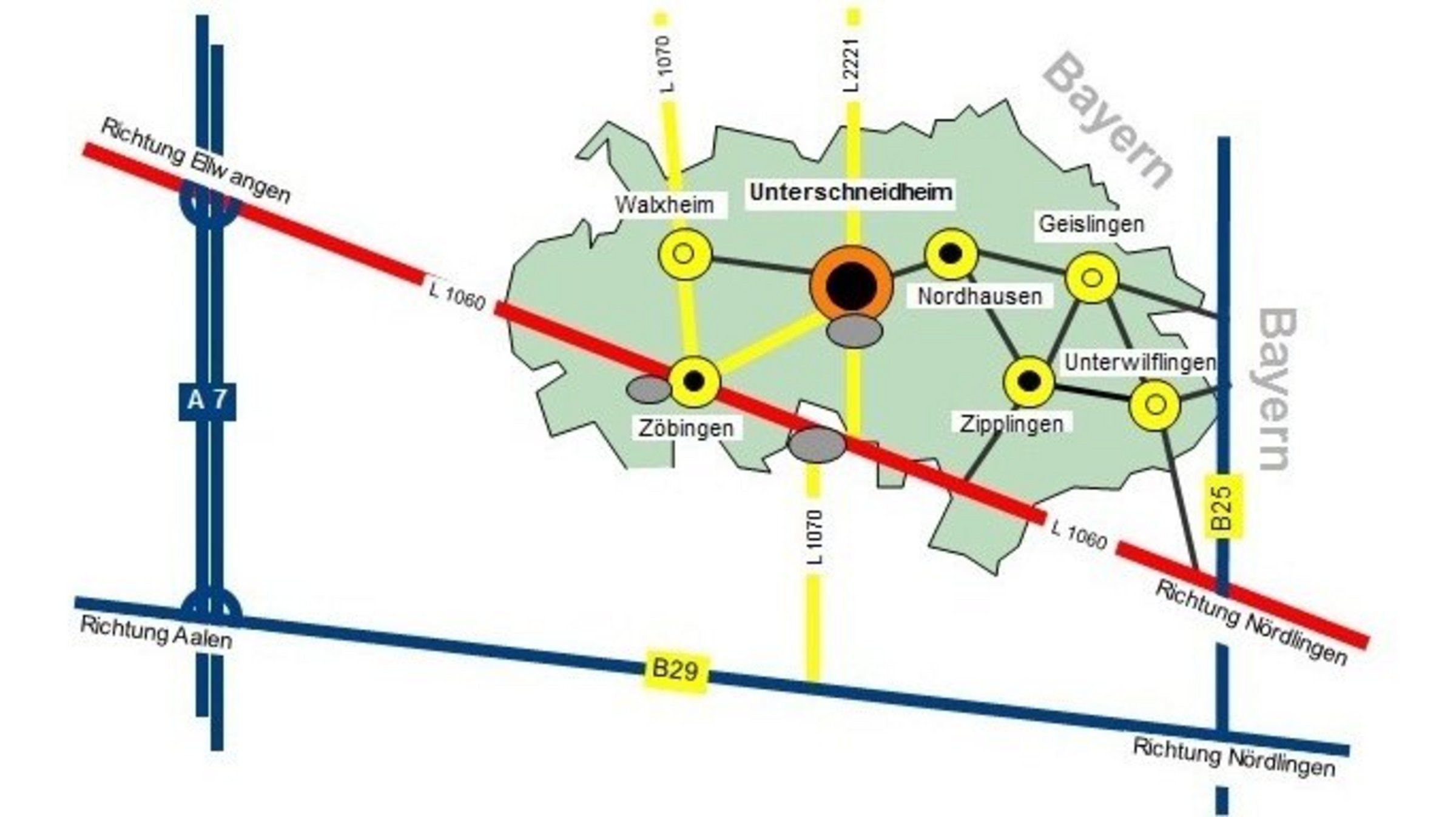 Lage Gemeinde Unterschneidheim (Verkehrsspinne)